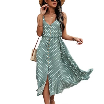 BROVAVE Women's 2025 Summer Casual Boho Sundress Polka Dot Spaghetti Strap V Neck Flowy Midi Dresses