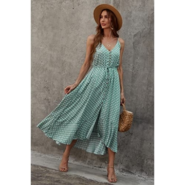 BROVAVE Women's 2025 Summer Casual Boho Sundress Polka Dot Spaghetti Strap V Neck Flowy Midi Dresses