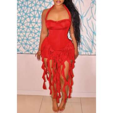 Ecirod Womens Summer Ruffle Fringe Mini Dress Sexy Halter Backless Cocktail Party Short Bodycon Tass...