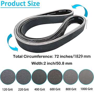 6 Pack 2 x 72 Inch Silicon Carbide Sanding Belts Set - 120 240 400 600 800 1000 Grits Assortment Pre...