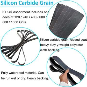 6 Pack 2 x 72 Inch Silicon Carbide Sanding Belts Set - 120 240 400 600 800 1000 Grits Assortment Premium Knife Sharpening Sander Belts for Woodworking, Metal Polishing