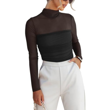 Reoria Sexy Mesh Mock Turtle Neck Bodysuit for Women