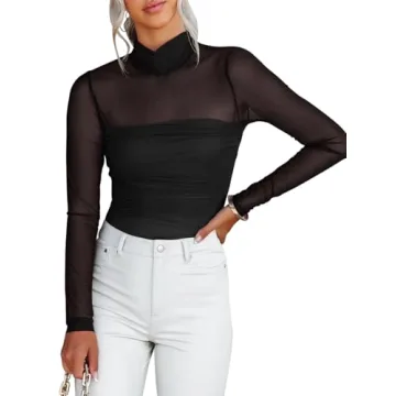 Reoria Sexy Mesh Mock Turtle Neck Bodysuit for Women