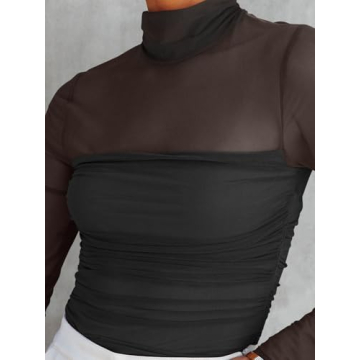Reoria Sexy Mesh Mock Turtle Neck Bodysuit for Women