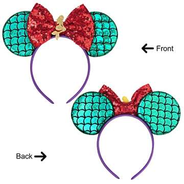 Eisyaa Mermaid Mouse Ears Bow Headbands, Sequin Mermaid Minnie Ears Headband Mermaid bithday Decoration Mermaid Party Favors (Mermaid)
