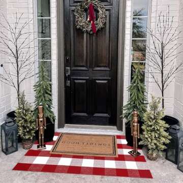 Christmas Door Mat Outdoor 27.5"x43" Buffalo Plaid Christmas Decor Rug Cotton Hand-Woven Layered Doo...