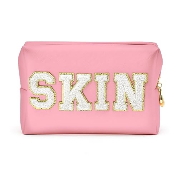 Y1tvei Preppy Patch SKIN White Letter Pink Cosmetic Toiletry Bag PU Leather Portable Makeup Bag Dail...
