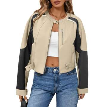 Tankaneo Womens Faux Leather Bomber Jackets Cropped Zip Up Color Block Fall Casual Moto Biker Coats