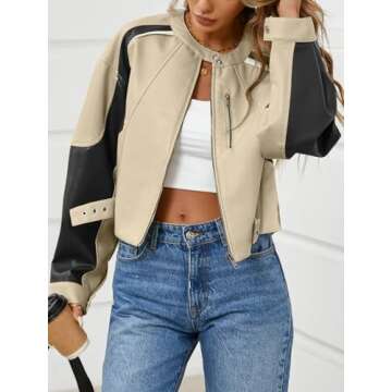 Tankaneo Womens Faux Leather Bomber Jackets Cropped Zip Up Color Block Fall Casual Moto Biker Coats