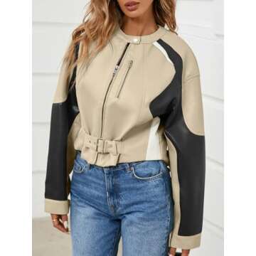 Tankaneo Womens Faux Leather Bomber Jackets Cropped Zip Up Color Block Fall Casual Moto Biker Coats