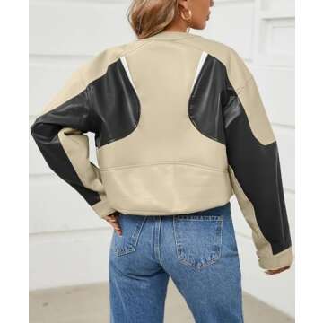 Tankaneo Womens Faux Leather Bomber Jackets Cropped Zip Up Color Block Fall Casual Moto Biker Coats