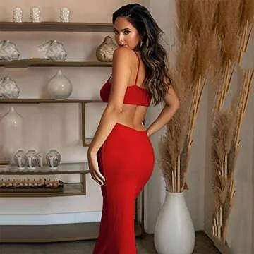 DREAM SLIM-Women's Sexy Spaghetti Straps Knitted Maxi Dresses Cut Out Backless Dress Bodycon Halter Neck Slim fit Club Party Dress (Red, Small)