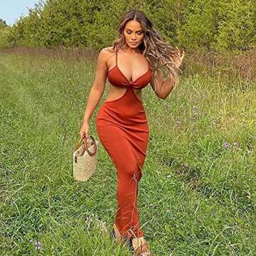 DREAM SLIM-Women's Sexy Spaghetti Straps Knitted Maxi Dresses Cut Out Backless Dress Bodycon Halter Neck Slim fit Club Party Dress (Red, Small)