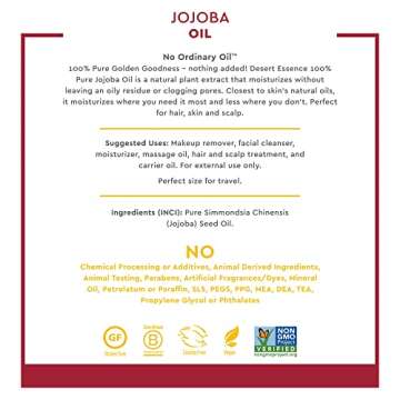Desert Essence 100% Pure Jojoba Oil - Hair & Skin Oil - Suitable For All Skin Types - No Oily Residue May Help Prevent Flakiness - Makeup Remover - Aftershave Moisturizer (2 Fl Oz)