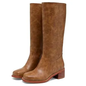 JOKACEAR DARK BROWN Women's Knee High Boots Comfortable Chunky Block Heel Long Boots for Women Casual Square Toe Boots Low Heel Womens Boots.