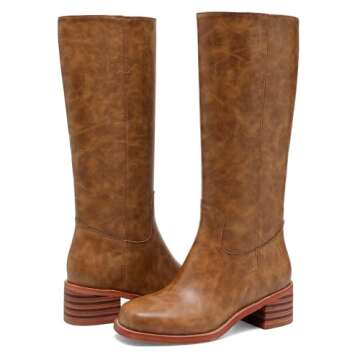 JOKACEAR DARK BROWN Women's Knee High Boots Comfortable Chunky Block Heel Long Boots for Women Casual Square Toe Boots Low Heel Womens Boots.