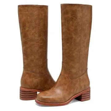 JOKACEAR DARK BROWN Women's Knee High Boots Comfortable Chunky Block Heel Long Boots for Women Casual Square Toe Boots Low Heel Womens Boots.