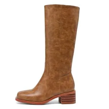 JOKACEAR DARK BROWN Women's Knee High Boots Comfortable Chunky Block Heel Long Boots for Women Casual Square Toe Boots Low Heel Womens Boots.