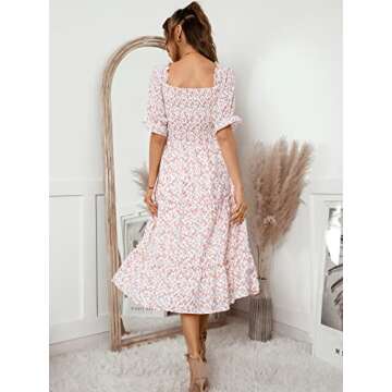 Vaiaye Women's Spring Summer Floral Smocked Midi Dress Square Neck Casual Boho Long Flowy Tiered Hol...