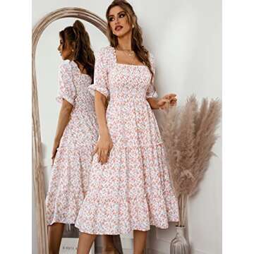 Vaiaye Women's Spring Summer Floral Smocked Midi Dress Square Neck Casual Boho Long Flowy Tiered Holiday Beach Sun Dresses(D2223030OG0S) Orange