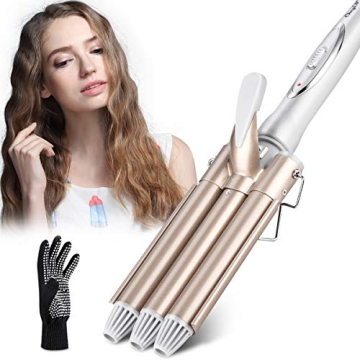 CkeyiN 3 Barrel Curling Iron Wand Hair Waver with LCD 16 Temperature Control Display, Ceramic Tourma...