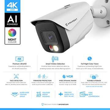 Amcrest UltraHD 4K (8MP) IP PoE AI Camera, FOV 129°, 49ft Color Nightvision, Security Outdoor Bulle...