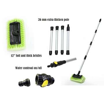 Car Wash Brush 12" with Long Handle with Soft Bristle Scrub Brush for Car, Truck, Boat, RV, House Siding, Deck Camper Exterior Washing Cleaning Green