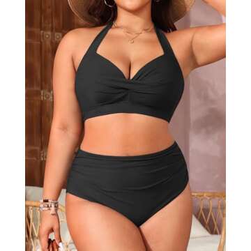 Tempt Me Women's Vintage Swimsuits Pure Black Retro Halter Ruched High Waist Bikini with Bottom M