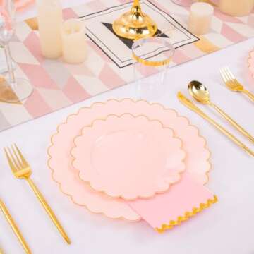 LIYH 210pcs Pink Plastic Dinnerware Set - Pink and Gold Plastic Plates - Pink Paper Napkins with Gold Foil Include Bridal Shower Plates Gold Plastic Cups for Birthday Wedding Valentines Plates