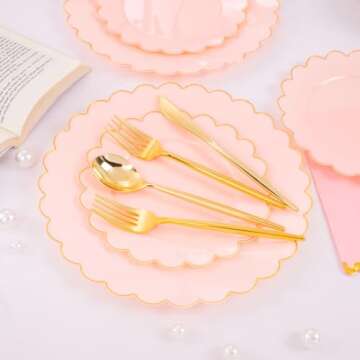 LIYH 210pcs Pink Plastic Dinnerware Set - Pink and Gold Plastic Plates - Pink Paper Napkins with Gold Foil Include Bridal Shower Plates Gold Plastic Cups for Birthday Wedding Valentines Plates