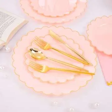 LIYH 210pcs Pink Plastic Dinnerware Set - Pink and Gold Plastic Plates - Pink Paper Napkins with Gold Foil Include Bridal Shower Plates Gold Plastic Cups for Birthday Wedding Valentines Plates