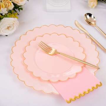 LIYH 210pcs Pink Plastic Dinnerware Set - Pink and Gold Plastic Plates - Pink Paper Napkins with Gold Foil Include Bridal Shower Plates Gold Plastic Cups for Birthday Wedding Valentines Plates