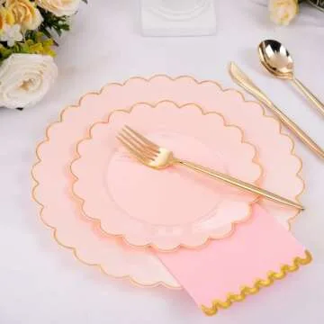 LIYH 210pcs Pink Plastic Dinnerware Set - Pink and Gold Plastic Plates - Pink Paper Napkins with Gold Foil Include Bridal Shower Plates Gold Plastic Cups for Birthday Wedding Valentines Plates