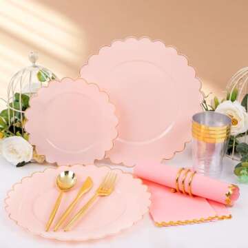 LIYH 210pcs Pink Plastic Dinnerware Set - Pink and Gold Plastic Plates - Pink Paper Napkins with Gold Foil Include Bridal Shower Plates Gold Plastic Cups for Birthday Wedding Valentines Plates