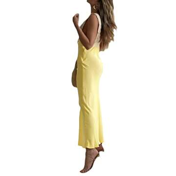 Women Backless Spaghetti Strap Maxi Dress Y2k Lace Strap Satin Tie Dye Bodycon Dress Sexy Party Club Dresses (Yellow008, S)