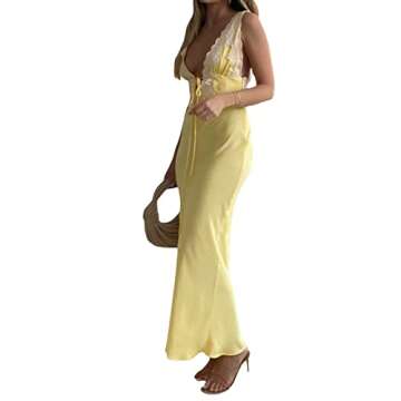Women Backless Spaghetti Strap Maxi Dress Y2k Lace Strap Satin Tie Dye Bodycon Dress Sexy Party Club Dresses (Yellow008, S)