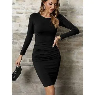 Missufe Long Sleeve Ruched Casual Sundress Women's Knee Length Bodycon Sheath Dress (Black, X-Large)