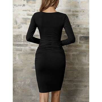 Missufe Long Sleeve Ruched Casual Sundress Women's Knee Length Bodycon Sheath Dress (Black, X-Large)