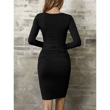 Missufe Long Sleeve Ruched Casual Sundress Women's Knee Length Bodycon Sheath Dress (Black, X-Large)