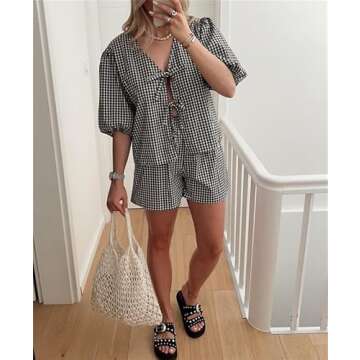Yuemengxuan Women Y2k Peplum Shirt Shorts Set Two Piece Lounge Set Pajamas Sets Puff Sleeve Tie Front Top 2pcs Outfits Set (Black #GRdf, S)