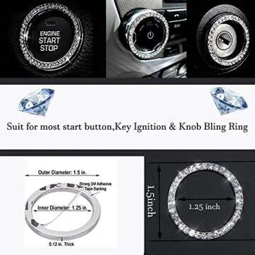 Bling Car Crystal Rhinestone Ring Emblem Sticker, Car Interior Decoration, Bling Car Accessories for Women, Push to Start Button, Key Ignition Starter & Knob Ring (Silver)