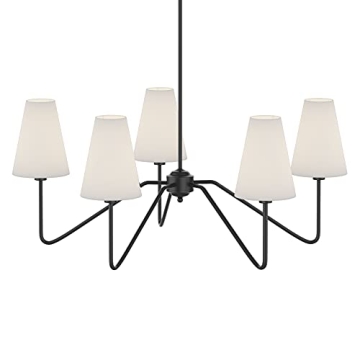 Elegant Matt Black 5-Arm Chandelier with White Linen Shades - Modern Farmhouse Lighting