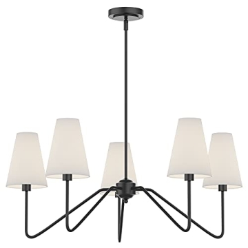 Matt Black 5-Arm Chandelier White Linen Shades Modern Lighting