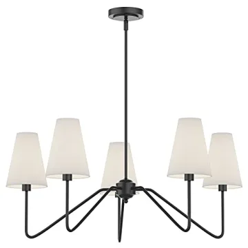 Matt Black 5-Arm Chandelier White Linen Shades Modern Lighting