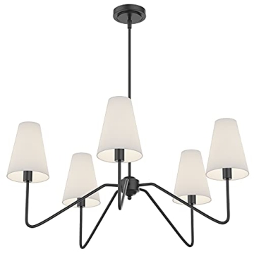 Matt Black 5-Arm Chandelier White Linen Shades Modern Lighting