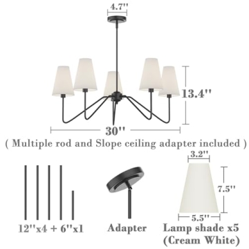 Matt Black 5-Arm Chandelier White Linen Shades Modern Lighting