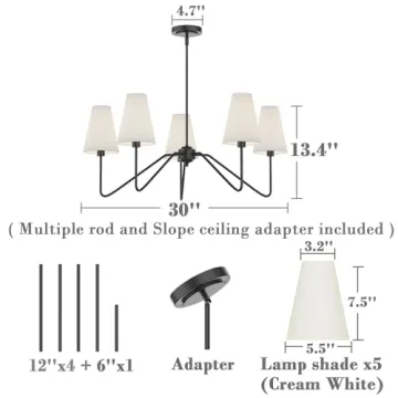 Matt Black 5-Arm Chandelier White Linen Shades Modern Lighting