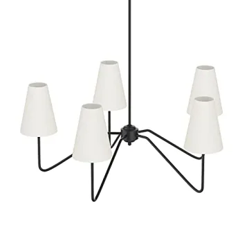 Matt Black 5-Arm Chandelier White Linen Shades Modern Lighting