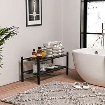 Dranixly Shoe Rack, 2-Tier Bamboo Stackable Shelf Storage Organizer, Stand for Closet, Entryway and Hallway （Black）