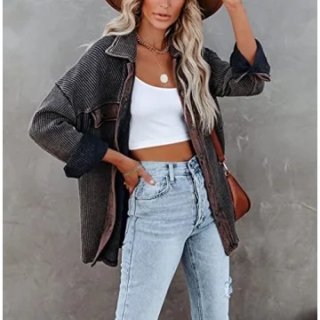 chouyatou Women's Vintage Spread Collar Waffle Knit Button Down Shirt Shacket Jacket (Medium, Black)